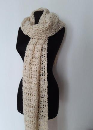 Большой, оригинальный вязаный шарф цвета айвори. 100% шерсть.