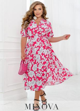 Малинова літня сукня а-силуету в квітковий принт, великих розмірів від 46 до 683 фото