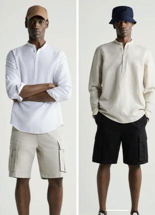 Хлопковая-льняная рубашка для мужчины,беж и белый цвет из новой коллекции zara размер l,xl1 фото
