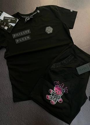 Летний чёрный спортивный костюм комплект philipp plein чорний спортивний костюм футболка шорти philipp plein