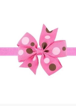 Розовая детская повязка в разноцветный горошек - размер универсальный (на резинке), бантик 8см
