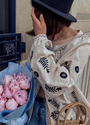 Стильная модная трендовая молодежная вышиванка лен вышитая рубашка блуза накидка6 фото