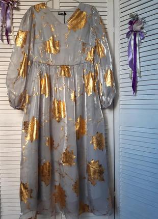 Нарядное, вечернее платье с длинными рукавами фонариками в принт листья shein