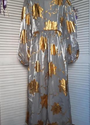Красивое платье миди, макси с длинными рукавами фонариками в принт листья shein6 фото