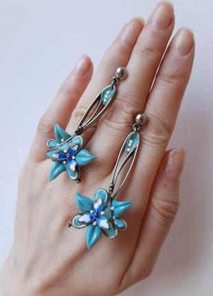 Красивые серьги цветы серебр филигран серёжки подвеск бохо кульчик скань hand made ручн раб эмаль кульчики авторск украшен бижутер
