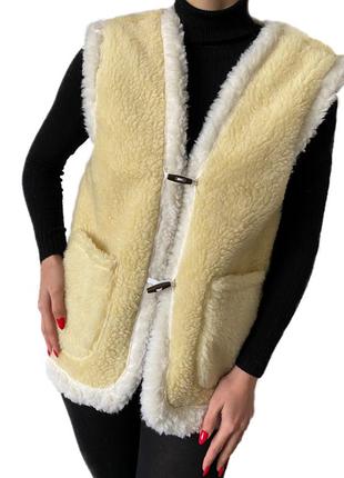 Хутряна подвійна жилетка з овчини (еко-шерсть) sheepskin лимонна розмір 58-60