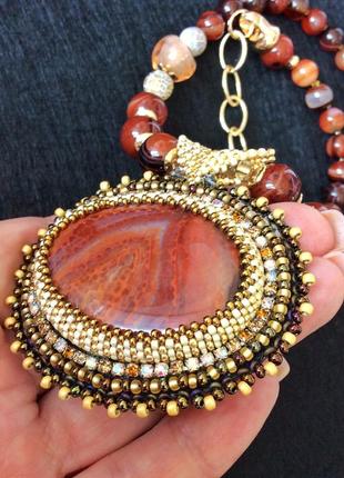 Вечерний крупный кулон, чокер колье, подвеска, украшение на шею из натурального камня,...