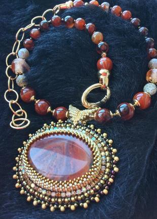 Вечерний крупный кулон, чокер колье, подвеска, украшение на шею из натурального камня,...