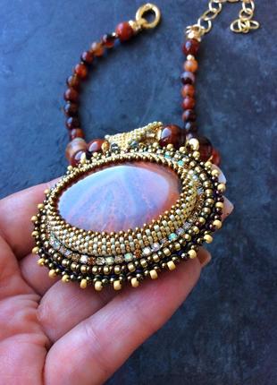 Вечерний крупный кулон, чокер колье, подвеска, украшение на шею из натурального камня,...