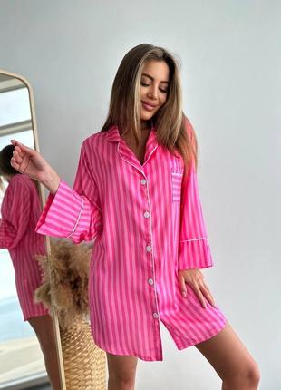 Подовжена рубашка в рожеву смужку, подовжена сорочка рожева в полоску. сатинова подовжена сорочка, удлиненная рубашка