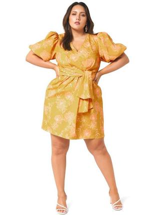 Мини желтое горчичное цветочное платье с объемными пышными рукавами дымиться, цветы2 фото