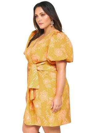 Мини желтое горчичное цветочное платье с объемными пышными рукавами дымиться, цветы3 фото