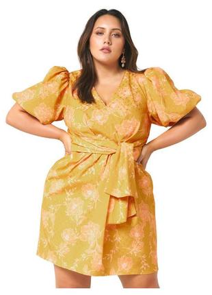 Мини желтое горчичное цветочное платье с объемными пышными рукавами дымиться, цветы1 фото