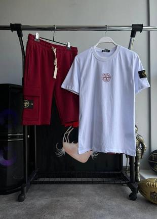 Чоловічий комплект stone island / якісний комплект футболка + шорти в біло-червоному кольорі на літо