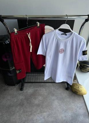 Мужской комплект stone island / качественный комплект футболка + шорты в бело-красном цвете на лето3 фото