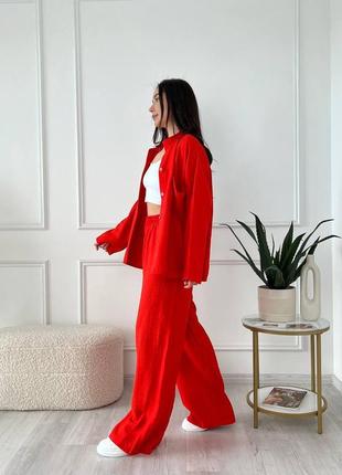 Лляний костюм штани палаццо + сорочка комплект з рубашкою з брюками з жатки чорний м'ятний червоний6 фото
