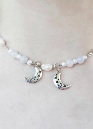 Місячне кольє чокер з перлинами та аквамарином2 фото