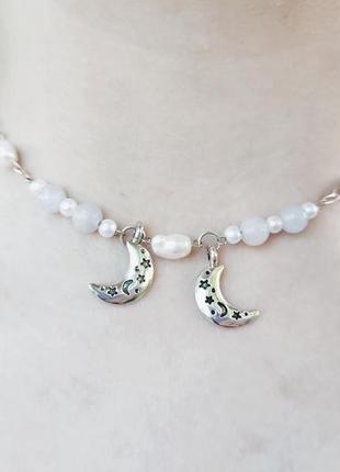 Місячне кольє чокер з перлинами та аквамарином3 фото
