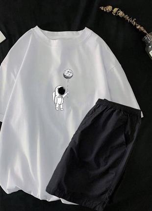 Оверсайз костюм футболка + шорти спортивний комплект з принтом базовий чорний сірий білий