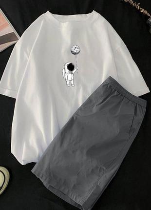 Оверсайз костюм футболка + шорты спортивный комплект с принтом базовый черный серый белый2 фото