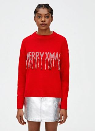 Свитер pull&bear  merry xmass с бубенцами ,цвет красный s