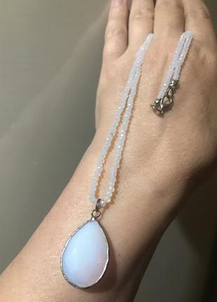 Голубое нежное хрустальное ожерелье с натуральным лунным камнем