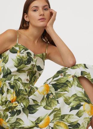 Чарівна лляна льон сукня сарафан плаття міді в принт лимони листя h&m
