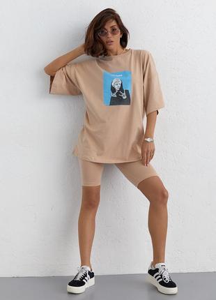 Женский летний костюм с футболкой oversize и велосипедками - кофейный цвет, модель 1318