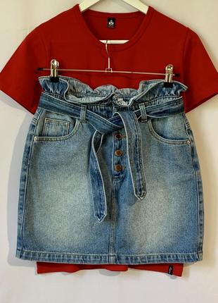 Стильная джинсовая юбка на болтах плотный джинс с поясом miss selfridge