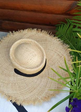 Солом'яний літній капелюх зі стрічкою, жіночий пляжний рафія широкі поля і бахромою, шляпа1 фото