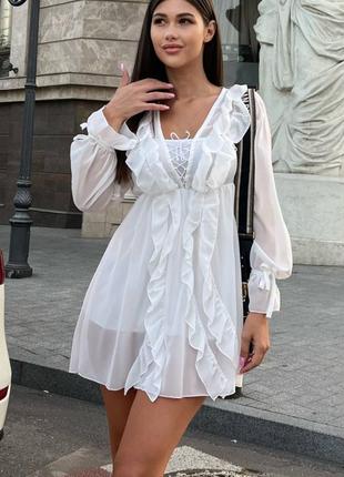 Платье двойка шифон с рюшами подкладкой белое свободного кроя1 фото
