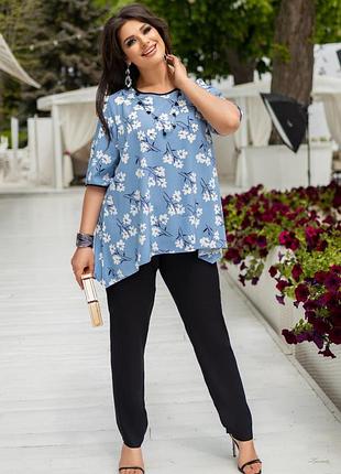 Костюм брючный большие размеры туника свободного силуета вырез круглый рукав 3/4 по низу ассиметртя брюки прямые на резинке карманы ткань софт!