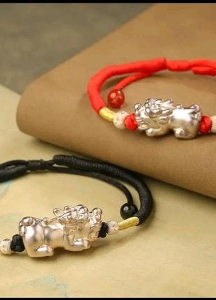 Pi xiu. обсидиановый браслет фэн-шуй. среброголовый лев.