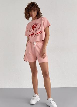 Женский спортивный комплект с шортами и футболкой - пудра цвет, s (есть размеры)6 фото