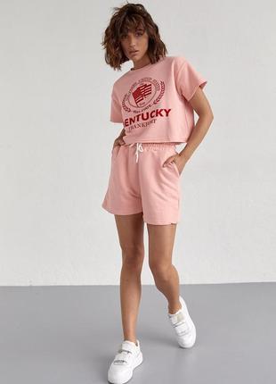 Женский спортивный комплект с шортами и футболкой - пудра цвет, s (есть размеры)5 фото