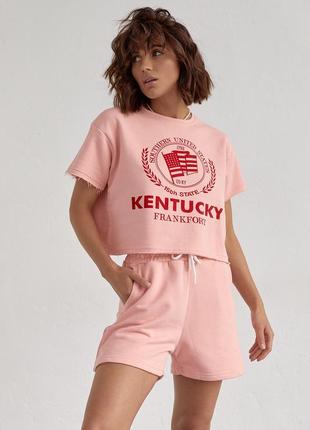 Женский спортивный комплект с шортами и футболкой - пудра цвет, s (есть размеры)3 фото