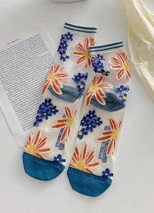 Набор прозрачных носков с цветочной вышивкой, 4 пары7 фото