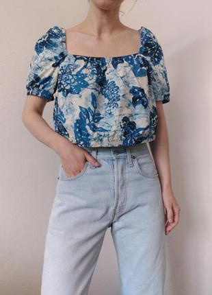 Хлопковый топ с объемными рукавами голубый топ в цветы h&m белая футболка коттон майка топ оверсайз