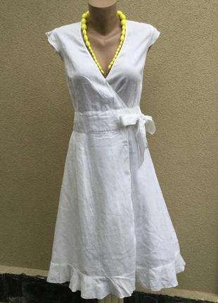 Белое платье,сарафан на запах,рюши,воланы,лен100%,great plains,1 фото