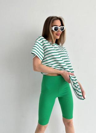 Женский костюм классический спортивный спорт повседневный удобный качественный шорты велосипедки и и + футболка зеленый