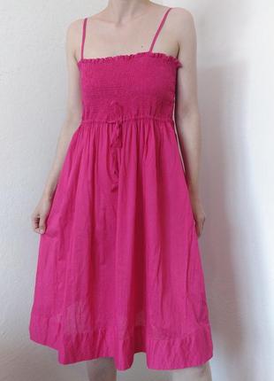 Хлопковое платье розовое сарафан коттон платье на бретелях платье резинка розовое платье пышное сарафан хлопок платье фуксия миди5 фото