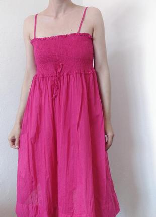 Хлопковое платье розовое сарафан коттон платье на бретелях платье резинка розовое платье пышное сарафан хлопок платье фуксия миди8 фото
