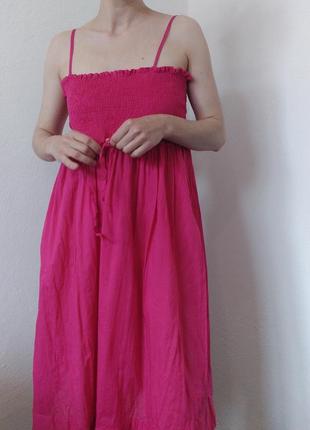 Хлопковое платье розовое сарафан коттон платье на бретелях платье резинка розовое платье пышное сарафан хлопок платье фуксия миди3 фото