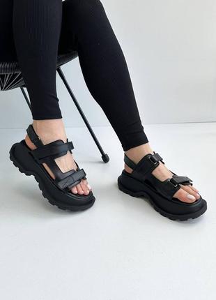 Босоножки женские кожаные  на липучках, сандалии  на платформе черные4 фото