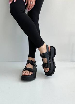 Босоножки женские кожаные  на липучках, сандалии  на платформе черные5 фото