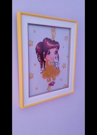 Картина ручной работы вышита бисером в раме "эстель - маленькая принцесса с котиком"3 фото