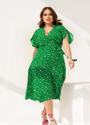 Плаття жіноче міді на запах літнє з короткими рукавами-крильцями батал зелене2 фото