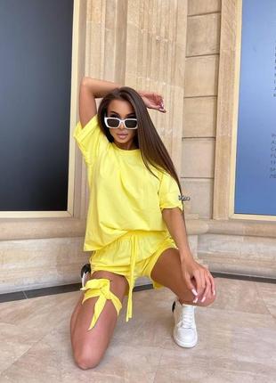 🎨7 кольорів! стильний літній жіночий костюм жовтий оверсайз футболка шорти женский