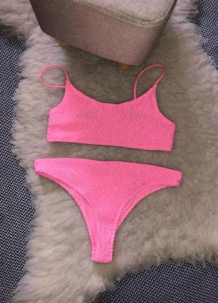 Розовый яркий купальник жатка топ высокая посадка baby pink