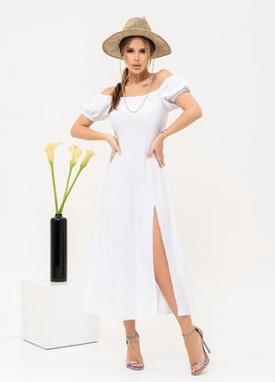 Белое льняное платье с открытыми плечами1 фото